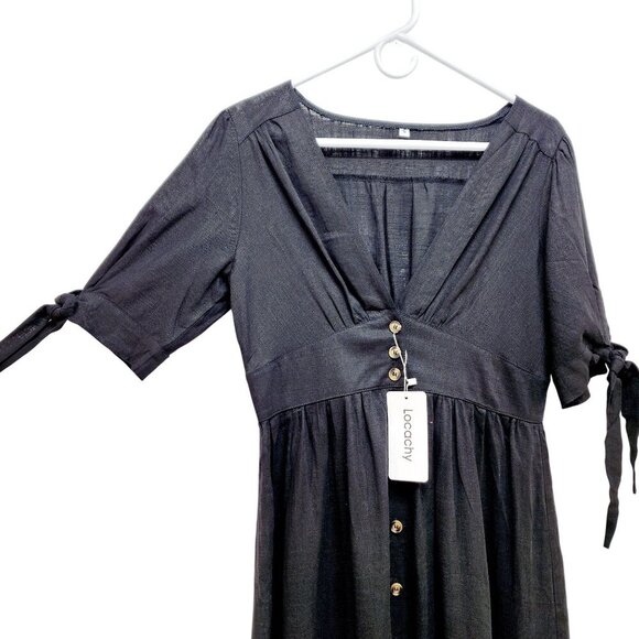 LocachyBuffalo Black womens Mariposa V Neck Button Front Dress Linen Size S - Picture 9 of 16